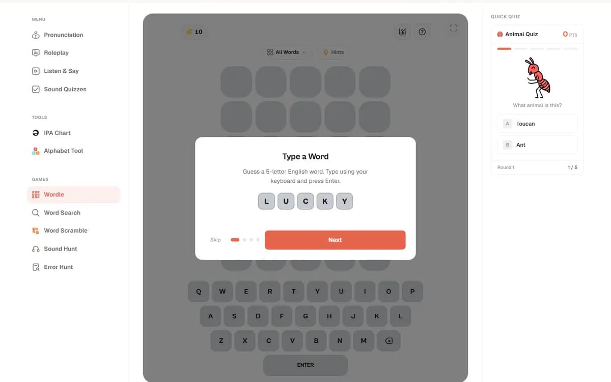 The Voclin Wordle board with an on screen keyboard