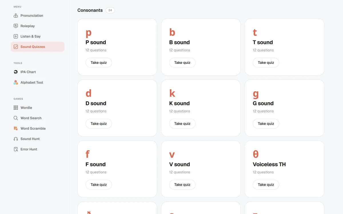 A grid of consonant sound quizzes, each with its own question set